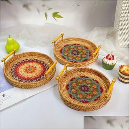 Decoratieve Borden Handgeweven Rotan Dienblad Brood Geweven Opbergmanden Fruitcake Snacks Ronde Picknickmand Diner Dienbladen Kitch Otcud