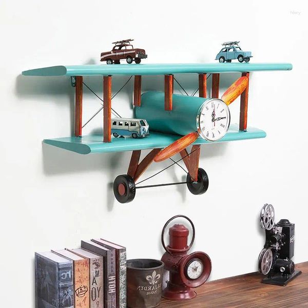 Plaques décoratives Style industriel Iron Art Aircraft Decoration Rack Retro Mur Wall Clock Pendant Storage Context pour barre ZH321