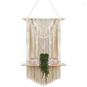 Plaques décoratives Moup de masse macrame avec étagère en bois flottante à la main à la main pour les plantes suspendues et la décoration