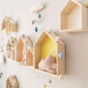 Decoratieve platen Noordse muurplank Display Hangende planken Kid's kamer huis vorm houten schaduw cubby doos opslag natuurlijke planken decor