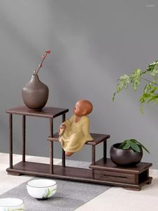 Decoratieve platen Solid Wood Tea Cup Rack Bogu Mahonie Mahonie Desktop Chinese opbergpot en set -display