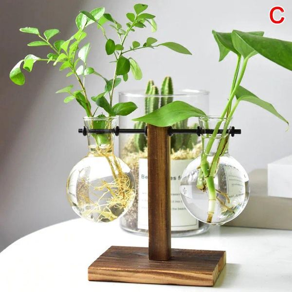 Assiettes décoratives table de bureau en verre en verre hydroponique vase de vase de plante de fleurs avec plateau en bois décor fou99