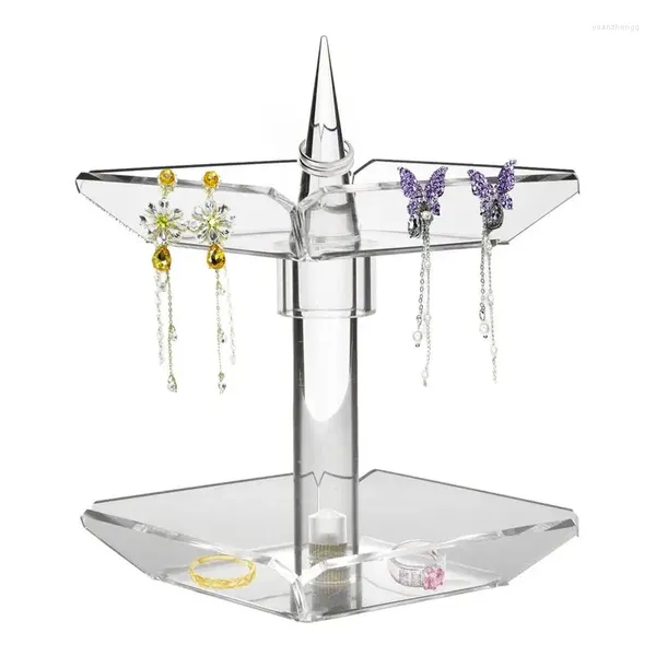 Platos decorativos tocadiscos organizador de joyas soporte de exhibición de pendientes de doble capa caja de almacenamiento de acrílico transparente torre