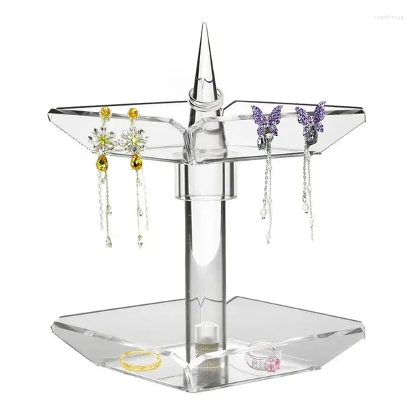 Plateau tournant organisateur de bijoux, assiettes décoratives, présentoir de boucles d'oreilles à Double couche, boîte de rangement en acrylique transparent, tour