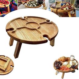 Assiettes décoratives table de vin extérieur en bois Picnif pliant avec porte-greffe en verre rond de bureau rond pliable pour le jardin