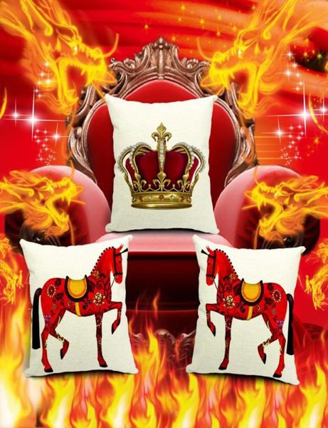 Funda de almohada decorativa con diseño de caballos rojos, funda de cojín de lino y algodón con corona real europea Para sofá, decoración del hogar, Capa Para Almofa8196062