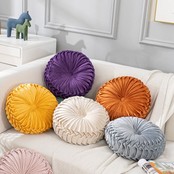 Almohadas decorativas de lanzamiento plisado redondo, almohadas de tiro de calabaza acento con clase, almohadas de piso de terciopelo vintage para sofá sofá cama silla de tocador