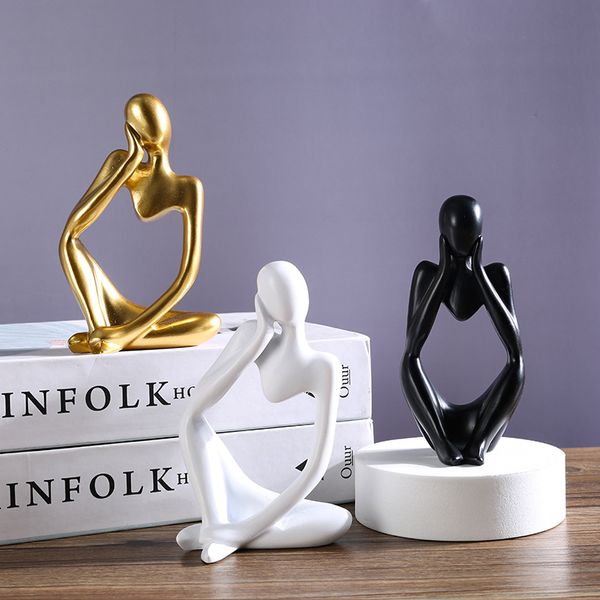 Estatuas decorativas para sala de estar, escultura abstracta, adornos de librería de resina nórdica dorada, accesorio de escritorio moderno para el hogar, Thinke