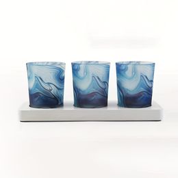Portavelas votivo decorativo, juego de 3 vasos de cristal para candelitas en bandeja de madera blanca para mesa de comedor de boda y aniversario