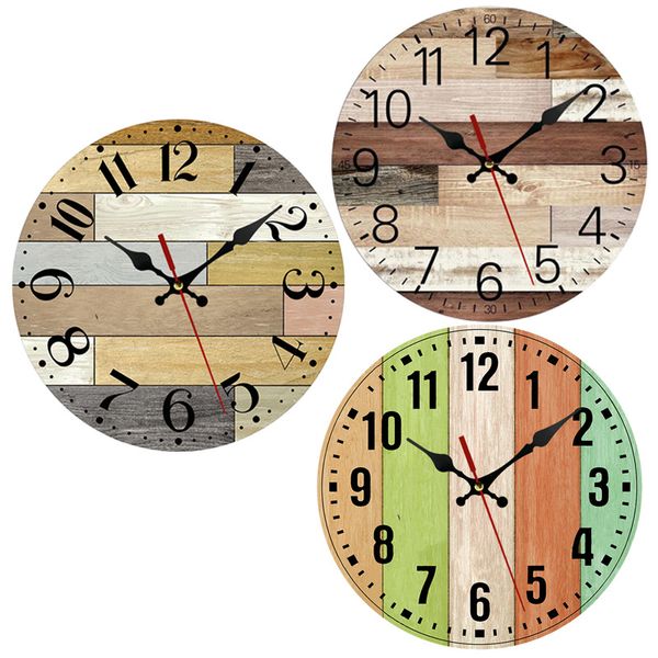 Relojes de pared decorativos Impresiones de madera Color Rústico Horloge Cuarzo Mecanismo silencioso para el reloj redondo de reloj retro europeo 30 cm