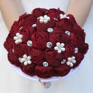 Decoratieve bruiloft bloemen bruids hand met boeket real touch rose bruids boeket parels kristallen kralen zijde bloemen bruiloft benodigdheden