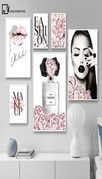 DecorPainting amp Calligraphie Fleur Rose Mode Dame Affiche Argent Lèvres Maquillage Impression Toile Art Peinture Mur Photo Moderne G9287351