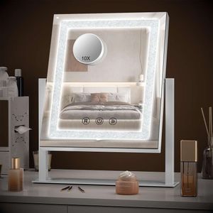 Decovesta Miroir de maquillage éclairé en diamant écrasé avec contrôle tactile, lumières à intensité variable, rotation à 360 °, miroir cosmétique sur table avec grossissement 10X, nouveau 2024