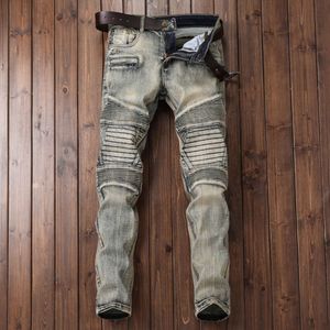 Dedicado al nostálgico hilo de bordar arrugado de motocicleta, tendencia de moda, pantalones vaqueros elásticos personalizados y versátiles para hombres