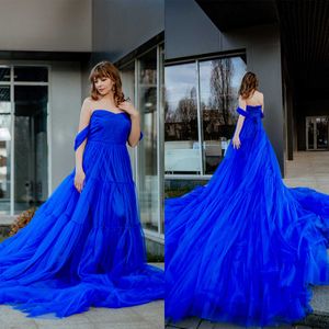 Deep Blue A-Line prom-jurken Strapless Sweep Sweep Train Pick-Ups met korte mouwen gelaagde beroemde avondjurken plus size op maat gemaakte L24654