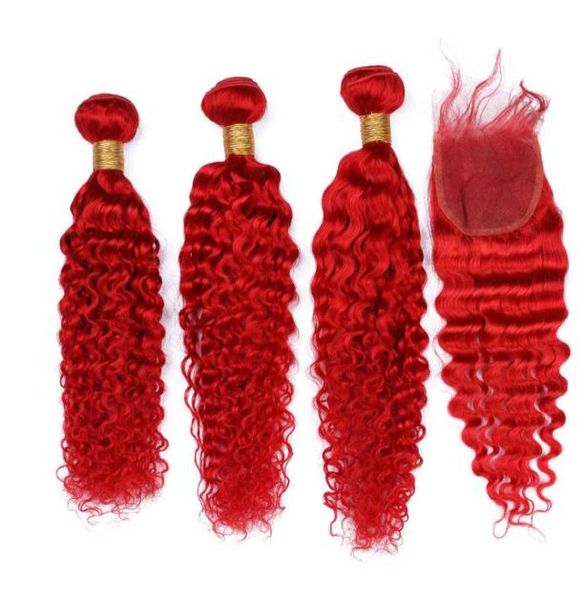 Vague bouclée profonde cheveux humains vierges indiens faisceaux d'armure rouge vif avec fermeture trames de cheveux ondulés de couleur rouge avec haut en dentelle 4x4 Closu4874967