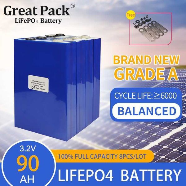 Cycle profond 8pcs 3.2V 90AH Banque d'énergie solaire Batterie Liferpo4 Rechargeable NOUVEAU ION LITHIUM A LITHIUM avec des barres pour RV