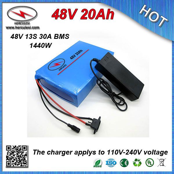 Batterie au lithium-ion 48V à cycle profond en PVC 20Ah pour vélo électrique intégré 18650 cellules 30A BMS et chargeur 54.6V 2A