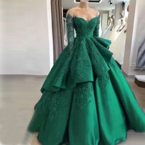 Diepgroen Baljurk Quinceanera Jurken Kralen Pailletten Sweetheart Lange mouw Off-shoulder Ruches Tot de grond Avondjurken vestidos de fiesta