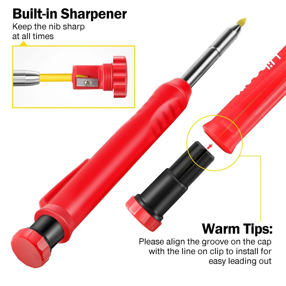 Ensemble de crayons de charpentier solide à trou profond avec 6 outils de menuiserie de menuiserie de crayon mécanique intégré de recharge