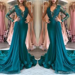 Deep Hunter Green V Neck Evening Lange mouwen Satijnen vloerlengte kant Speciale OCN -jurken Kralen Appliques Robe Custom Vestidos Estidos