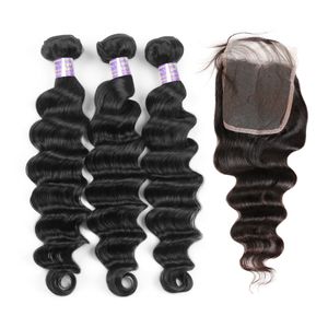 Bundles de cheveux humains en vrac profonds avec fermeture Cheveux brésiliens 3PCS avec fermeture à lacet 4x4 Extensions de cheveux humains vierges en vrac