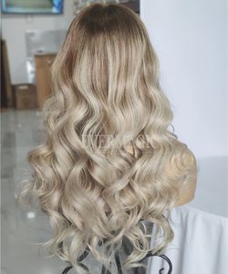 Pelucas delanteras de encaje con parte profunda Balayage ombre resaltado rubio ceniza línea de cabello súper natural estilo de celebridad