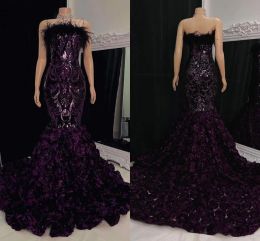 Flores de encaje en cascada de color púrpura de profundidad Prom Dress Dress Sexy Mermaid sin tirantes sin tirantes Black Night Vestidos formales BC