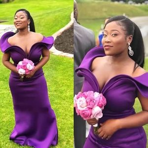 Deep Purple Lange Bruidsmeisje Prom Mode Ruffles Off Schouder Mouwloze Mermaid Partyjurken Afrikaanse Sexy Maid of Honour Jurken