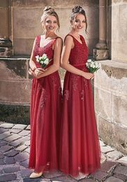Diepe rode bruidsmeisje jurk appliques kralen tule a-line prom jurk vestidos de madrinha voor bruiloft