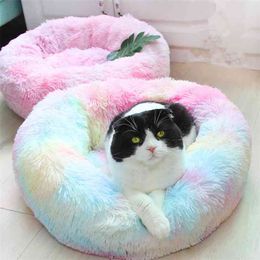 Diepe slaap kat bed huis huisdier kat kennel ronde lange pluche winter warme nest pad hond bed teddy regenboog kleuren kattenbenodigdheden 210722