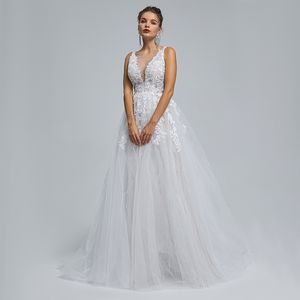 Deep V Light Luxury Bridal Small Tug Wedding Dress Elegant Fantasy French ST003