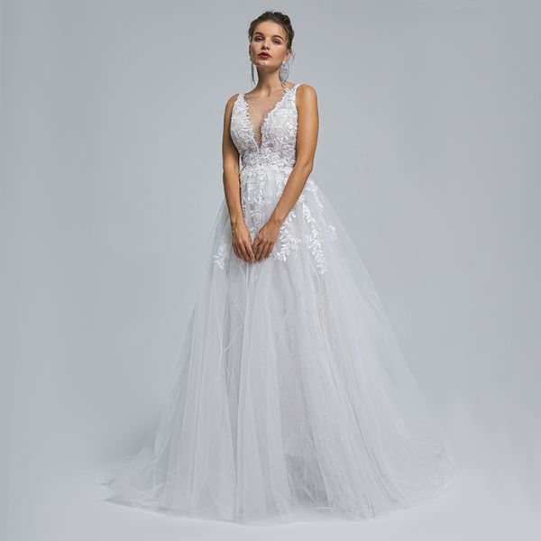 Deep V Light Luxury Bridal Small Tug Wedding Dress Elegant Fantasy French ST003