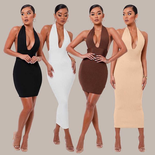 Deep V Low Cut Sexy Party Robe Moulante Femmes Halter Évider Bandage Robes Longues Dos Nu Haute Wais Tricot Robes Robe Femme 210526