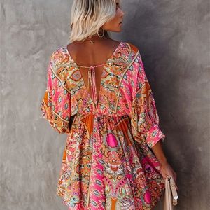 Diepe V-hals Batwing Mouw Boho Bloemen Sexy Meisjes Dames Mini Dress Hoge Taille A-lijn 2020 Nieuwe Mode Partij Zomer Beach Jurken Y0118