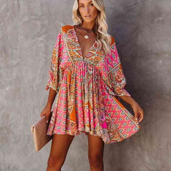 Col en V profond manches chauve-souris Boho Floral Sexy filles femmes Mini robe taille haute A-ligne mode fête été plage robes 210712