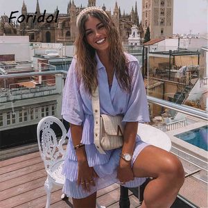 Vestido morado de gasa con cuello en V profundo para mujer, manga acampanada, volantes en capas, vestido corto de verano, vestido de playa sólido para mujer 210415