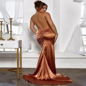 Vestido de noche de sirena naranja oscuro con escote en V profundo Vestido largo de fiesta de satén de seda sin espalda sexy Vestidos de fiesta formales para mujer Elegante Robe Soir￩e De Mariage