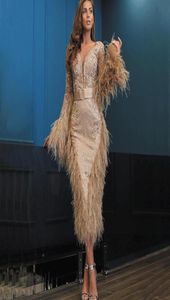 Deep V Neck Feather Prom -jurken 2019 Applique Applique met lange mouwen Luxe Arabische thee lengte cocktailjurk avondjurken gewaad de SO3510849