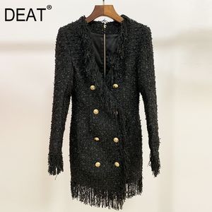 Diepe V-hals Knielengte Effen Double Breasted Omzoomd Heldere Zijden Tweed Jurk High Street Mall Goth Lente GX434 210421