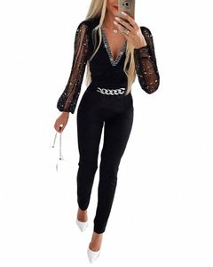 Col en V profond maille LG manches combinaison une pièce globale femmes noir élégant strass chaîne paillettes soirée sexy body b4Vz #