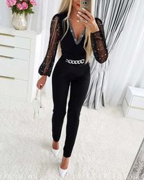 Diepe V-hals Mesh Lange Mouw Jumpsuit Overall Dames Zwart Elegant Strass Ketting Glitter Feestavond Sexy Body 231227