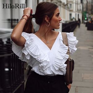 Deep V Neck Ruffles Blusa Mujeres Sexy Backless White Shirt Sin mangas Holiday Beach Top plisado Summer Camisas Mujer 210508