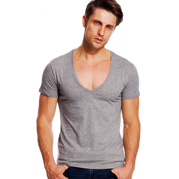 T-Shirt col en V profond hommes mode Compression à manches courtes T-Shirt mâle Muscle Fitness serré haut d'été t-shirts 240320