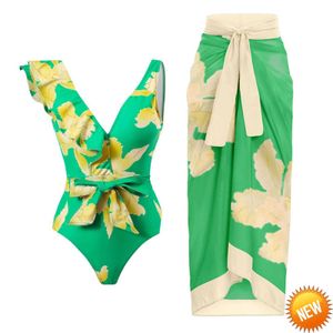 V profond à volants Vintage flore imprimer Bikini ensembles maillot de bain jupe femmes Sexy asymétrique une pièce maillots de bain plage maillots de bain