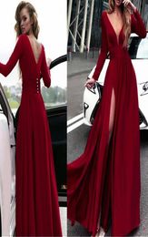 Col en V profond manches longues Aline robes de bal avec fendu glamour rouge robes de soirée de bal robes de soirée sur mesure Made4985887