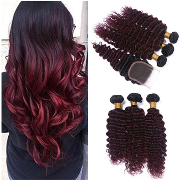 Deep Wave 1B / 99J Borgoña Ombre Cabello humano virgen malasio teje 3 paquetes con vino rojo Ombre 4x4 Cierre frontal de encaje 4 piezas / lote