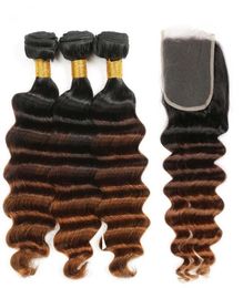 Deep Wave 1B430 medium kastanjebruin ombre Braziliaans echt haar weeft met 4x4 vetersluiting aan de voorkant 3-kleurige ombre-bundels met sluiting9251315