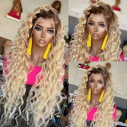 Diepe Golf 4T613 Braziliaanse Menselijk Haar 13X4 Lace Front Pruik Preplucked Ombre Honing Blonde Gekleurde Synthetische Frontale pruiken Voor Vrouwen