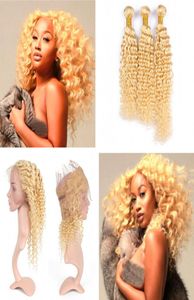 Vague profonde 613 tissages de cheveux avec 360 fermeture frontale Bleach Blonde cheveux bouclés profonds 3 paquets avec 360 dentelle frontale 225x4x21498531